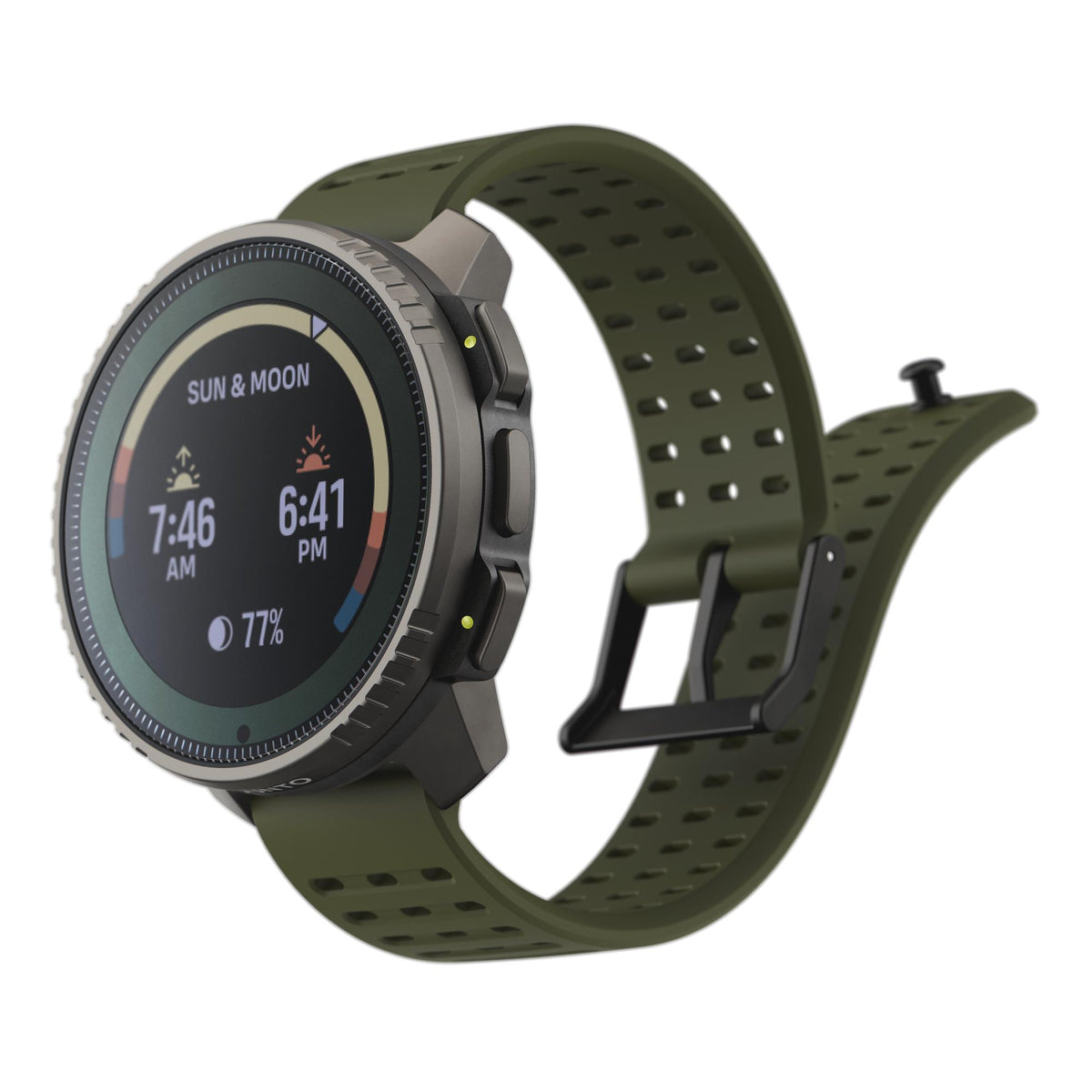 Suunto Vertical Titanium Solar Forest SS050859000 angled view showing sun and moon data display