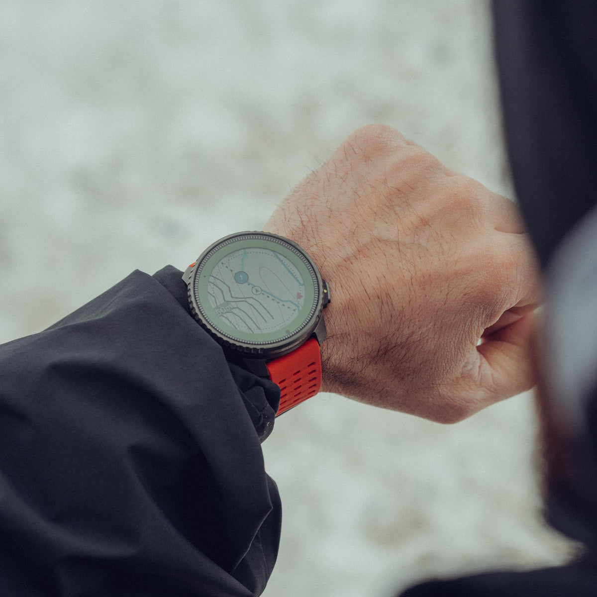 Suunto Vertical Titanium Solar Canyon SS050861000 lifestyle view on wrist displaying outdoor map navigation
