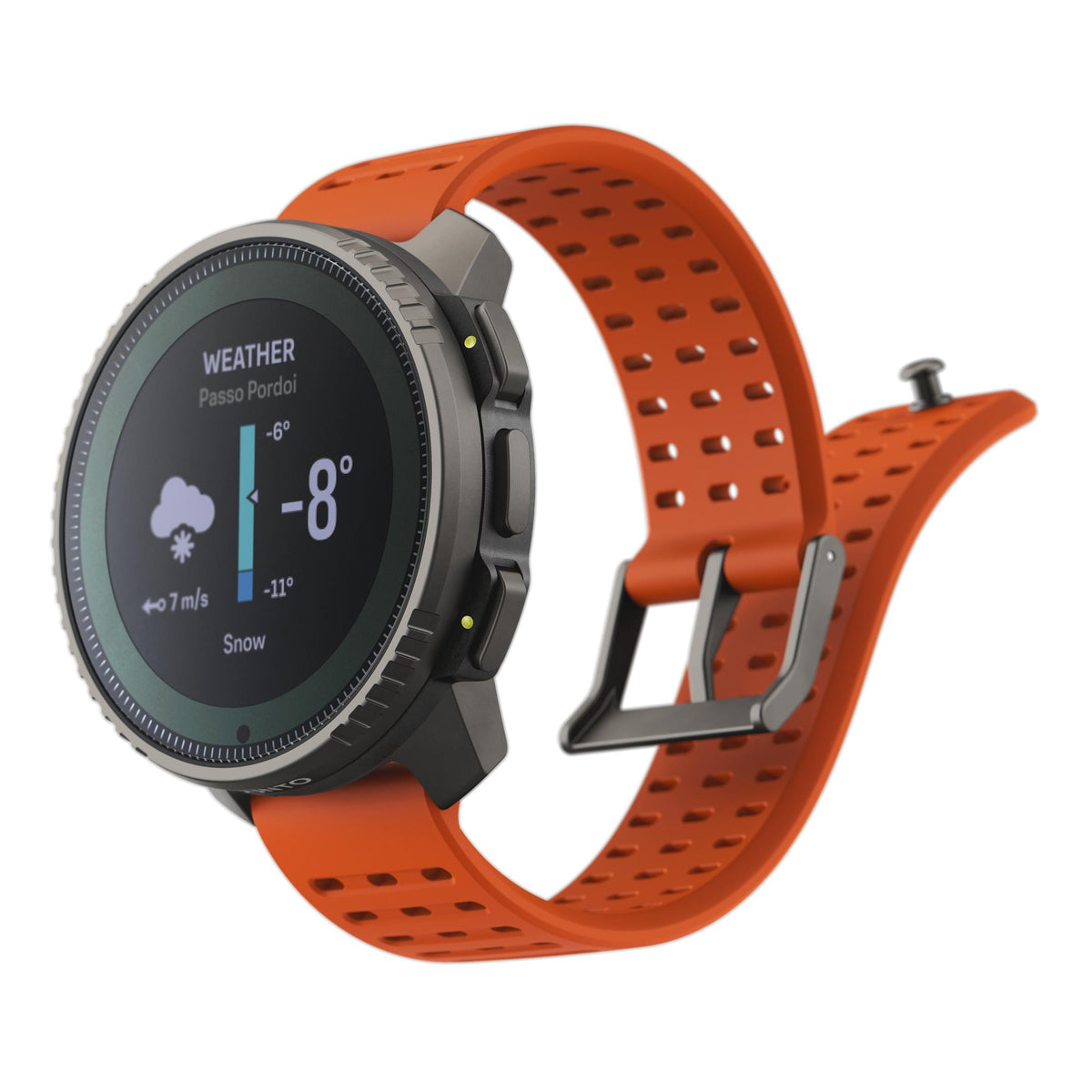 Suunto Vertical Titanium Solar Canyon SS050861000 angled perspective showing weather widget and orange silicone band