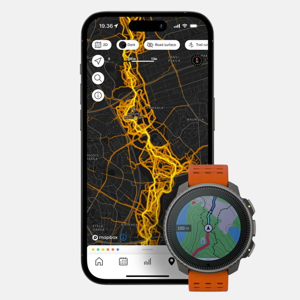 Suunto Vertical Titanium Solar Canyon SS050861000 companion smartphone app mapping interface alongside watch face