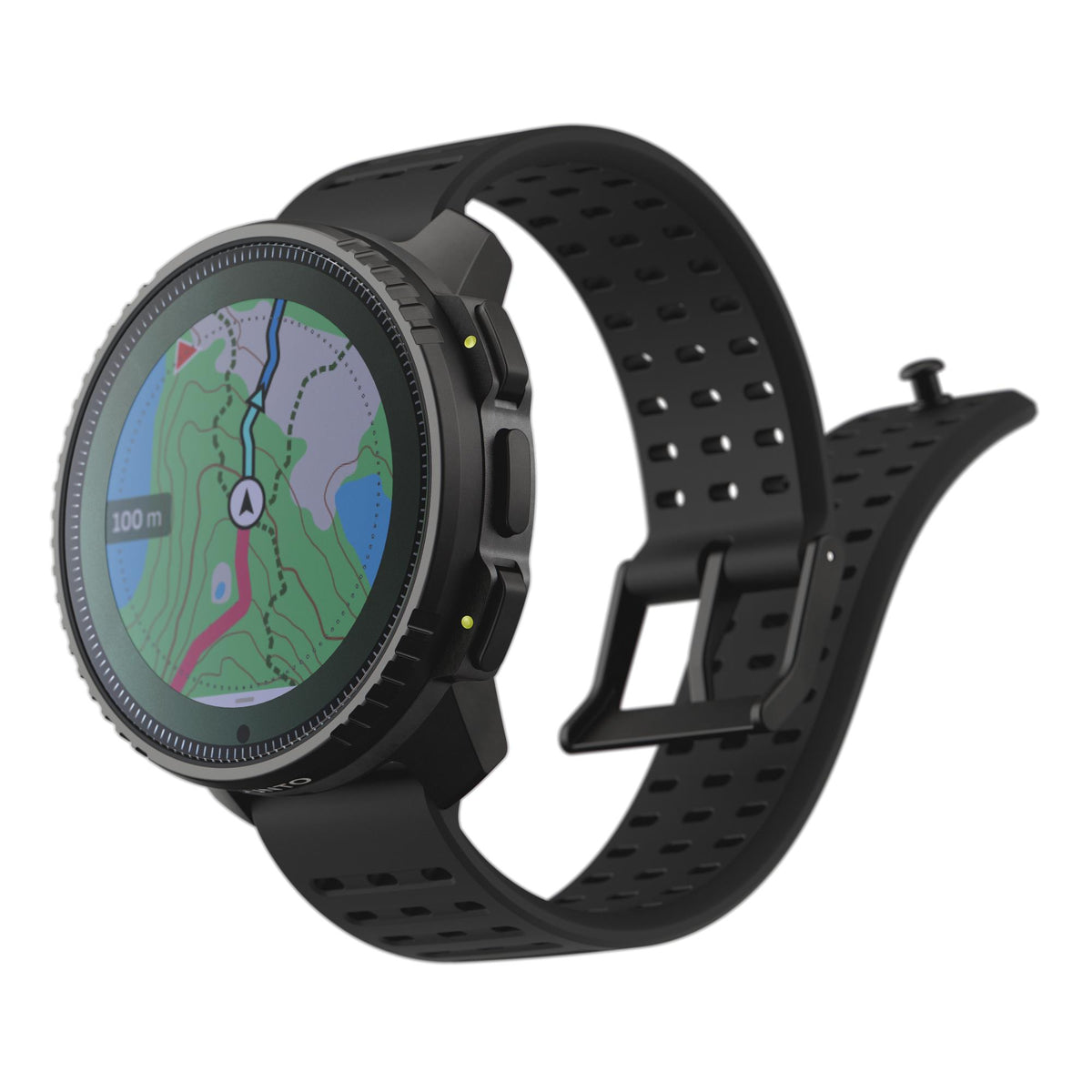 Suunto Vertical Solar All Black SS050978000 perspective view showing topographic map display and silicone strap