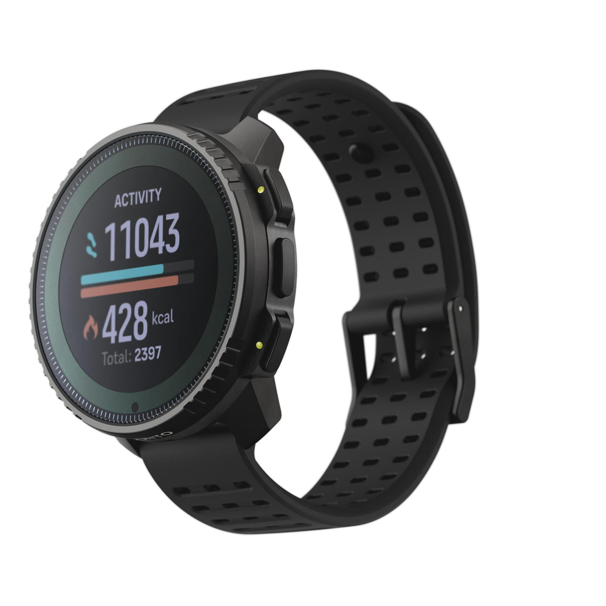 Suunto Vertical Solar All Black SS050978000 side perspective view showing activity tracking with step and calorie counts