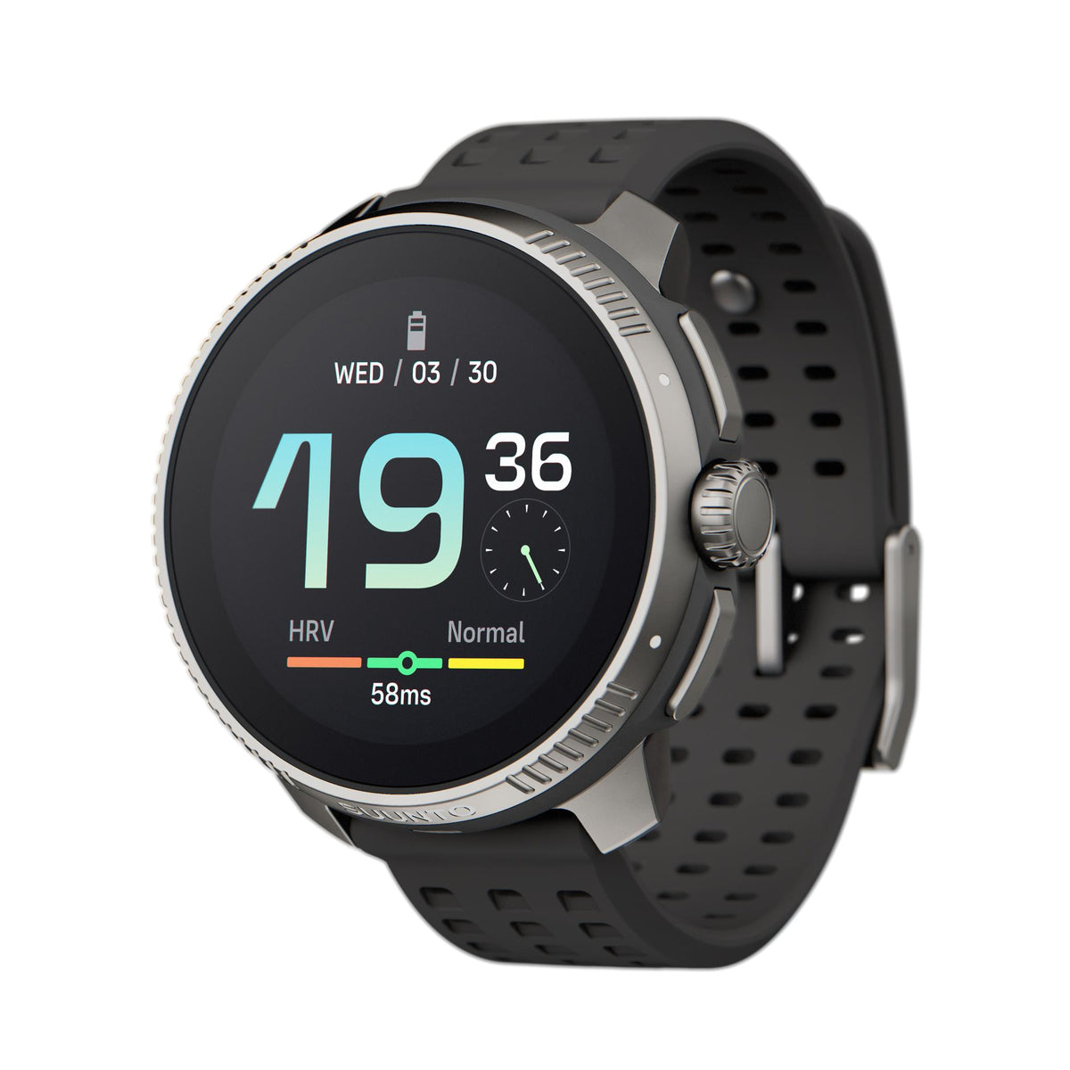 Suunto SS050932000 smart watch displaying a clear digital time layout alongside a color-coded HRV baseline indicator