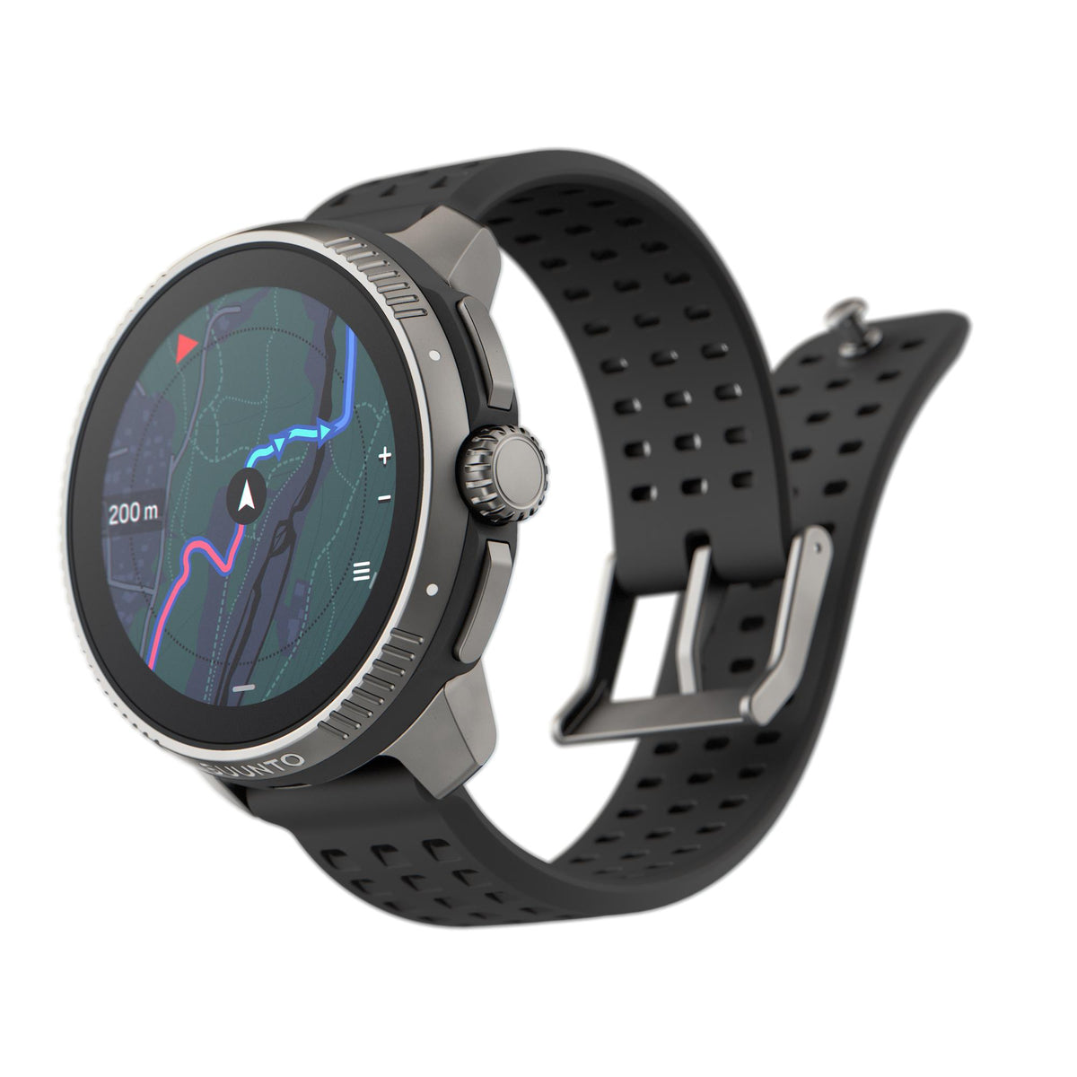 Angled view of Suunto SS050932000 smart watch highlighting a vivid color navigation map interface