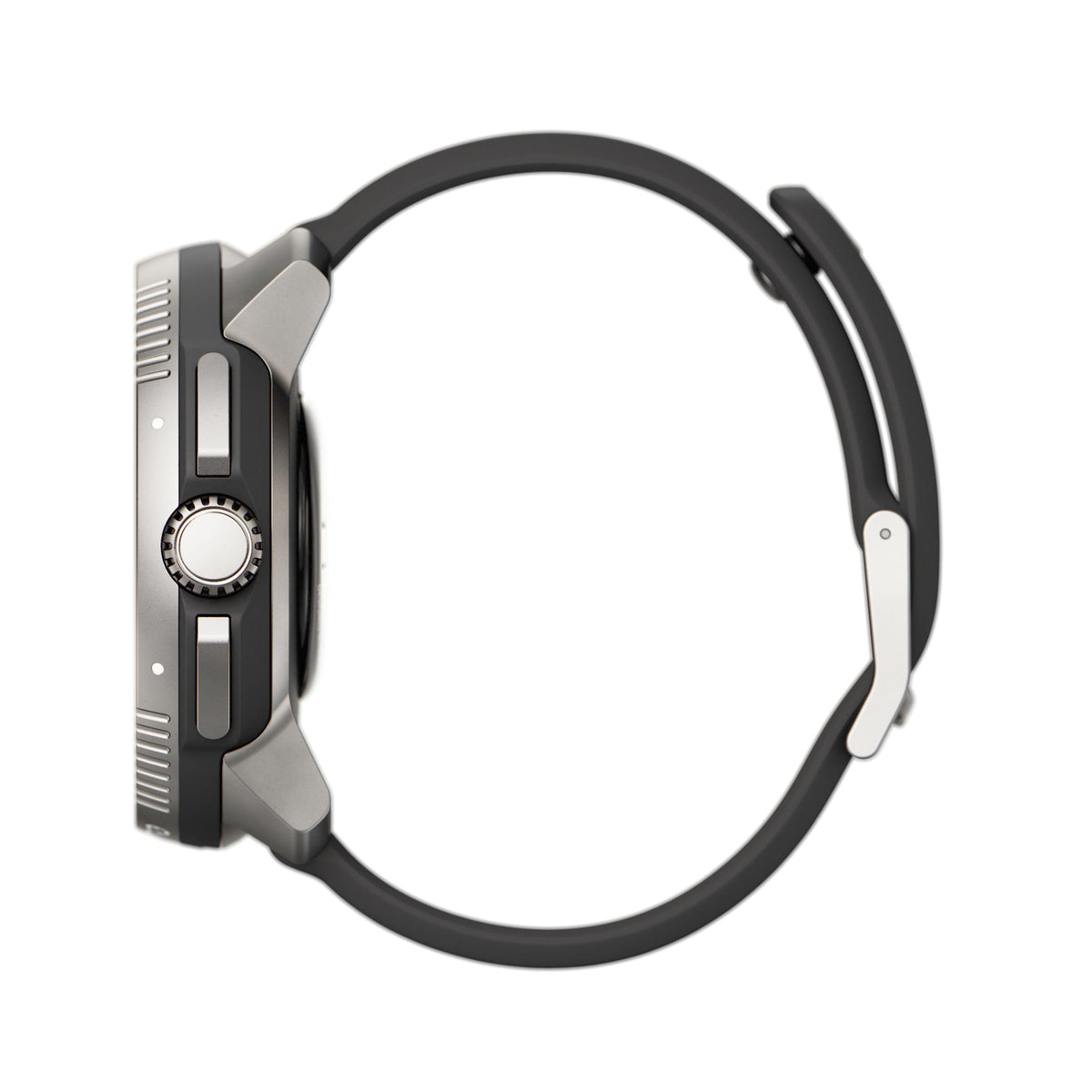Side profile of Suunto Race Titanium Charcoal smart watch emphasizing the titanium case bezel shape, dual pushers, and main crown