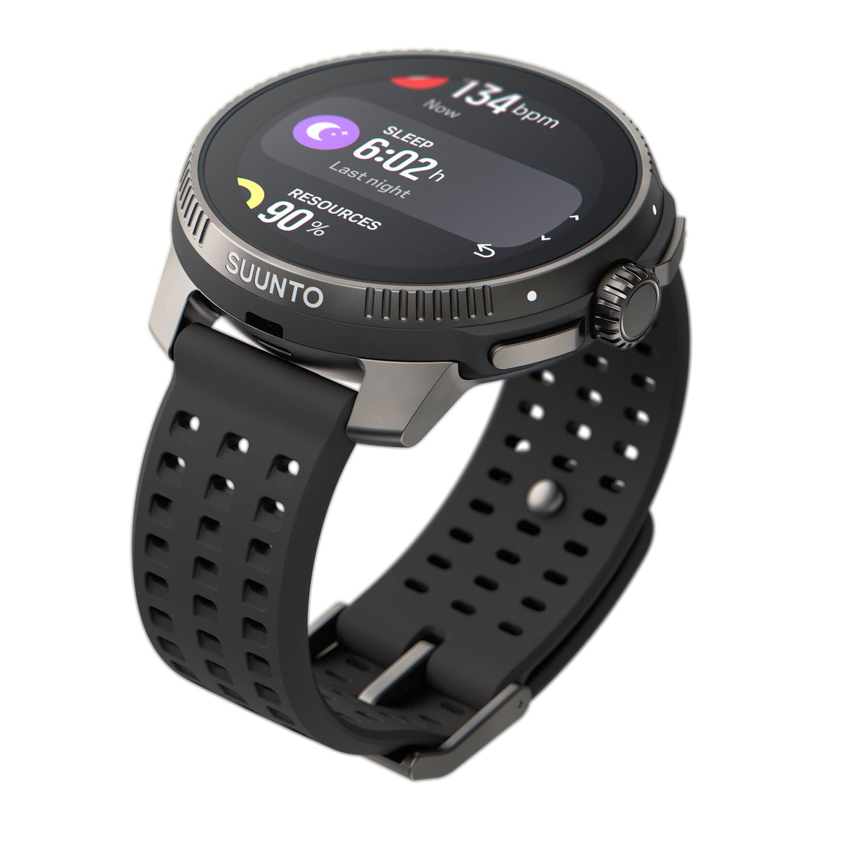 Suunto SS050932000 smart watch showing a perforated charcoal silicone strap and a sleep tracking overview summary on the screen