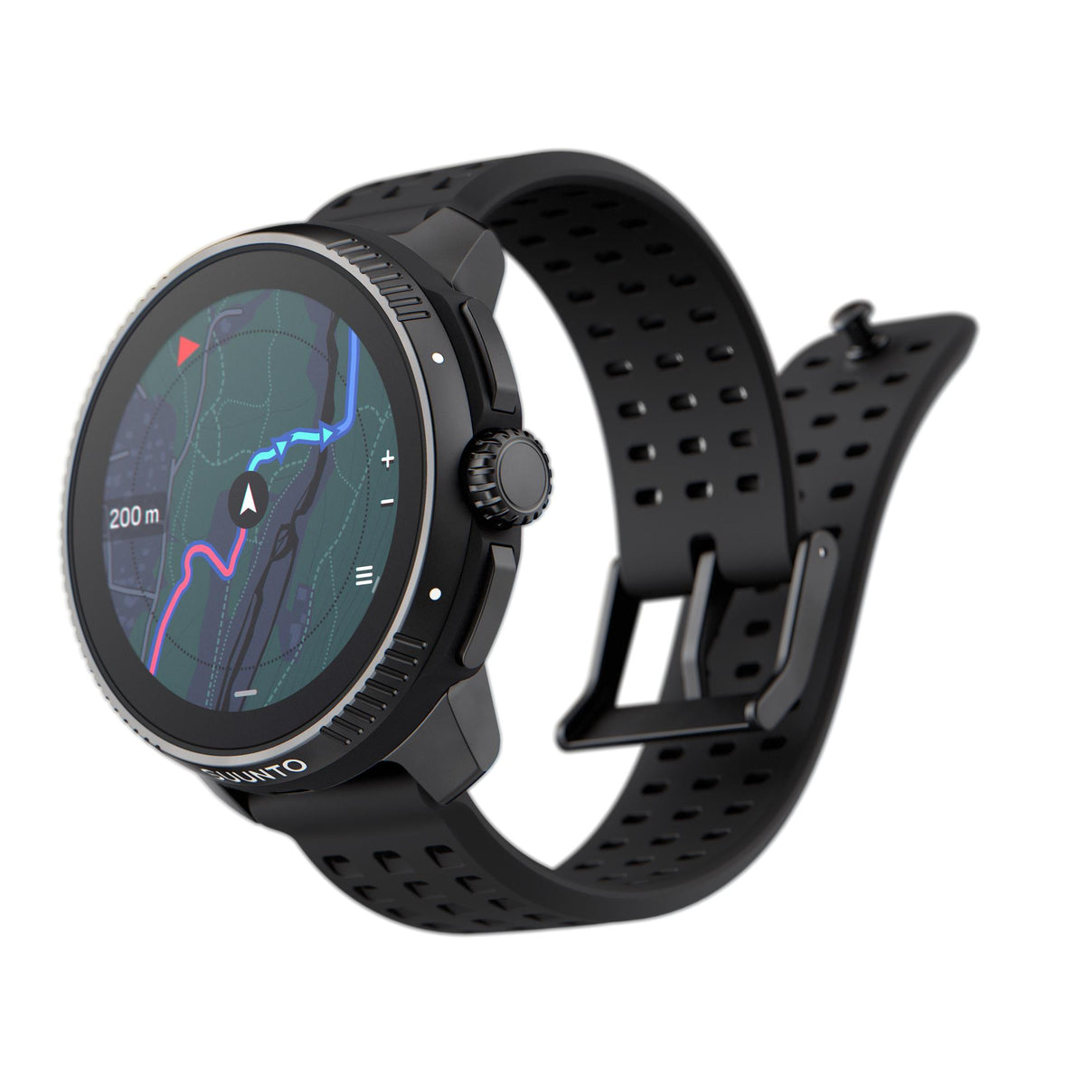 Angled shot of Suunto Race All Black watch displaying a navigation map alongside its flexible perforated strap