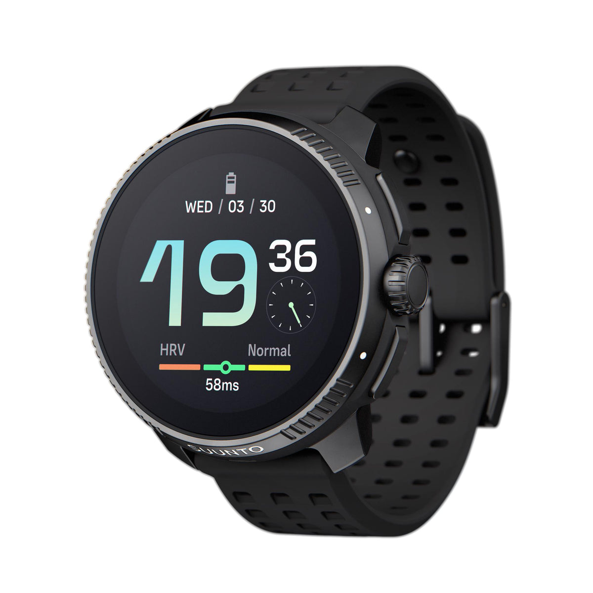 Angled shot of Suunto Race All Black watch highlighting a minimalist digital clock face and HRV meter