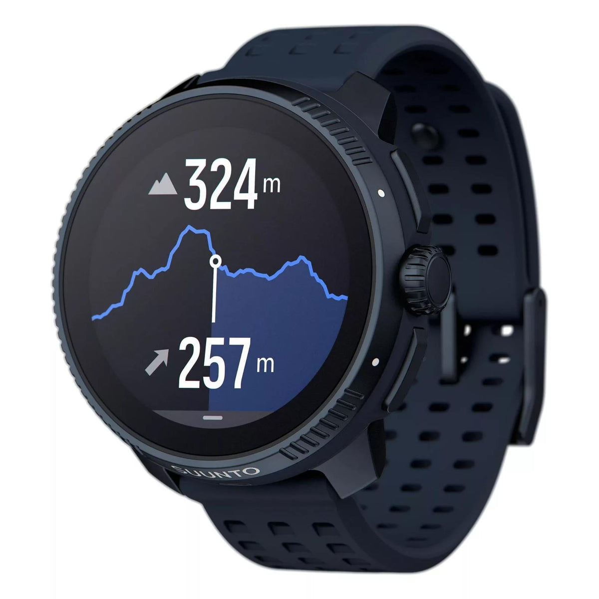 Angled view of Suunto SS050930000 Race Midnight digital unisex smart watch highlighting an elevation graph