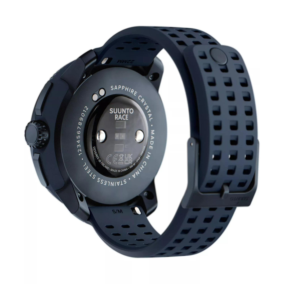 Back profile of Suunto Race Midnight watch detailing the sensor array and sapphire crystal case back