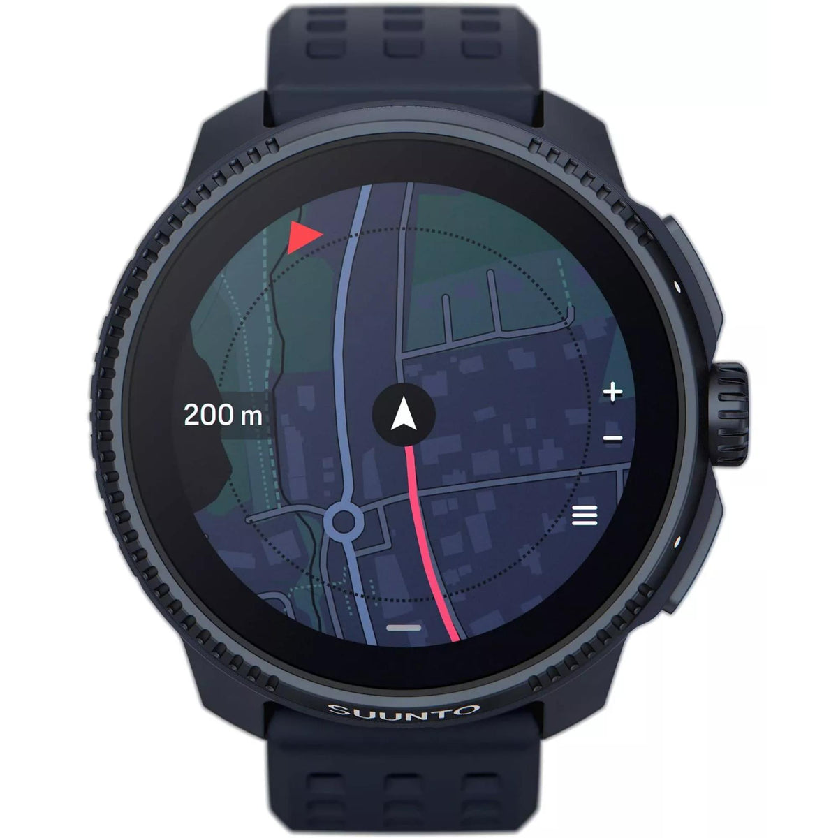 Suunto Race Midnight watch front display showing a colorful topographic navigation map