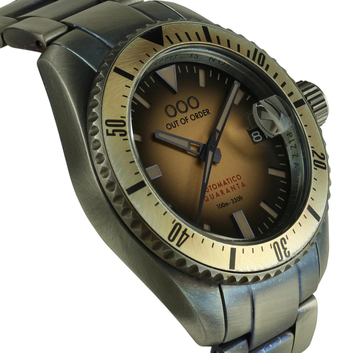 Men's automatic watch with sand dial, coin-edge bezel, and steel diver-style case