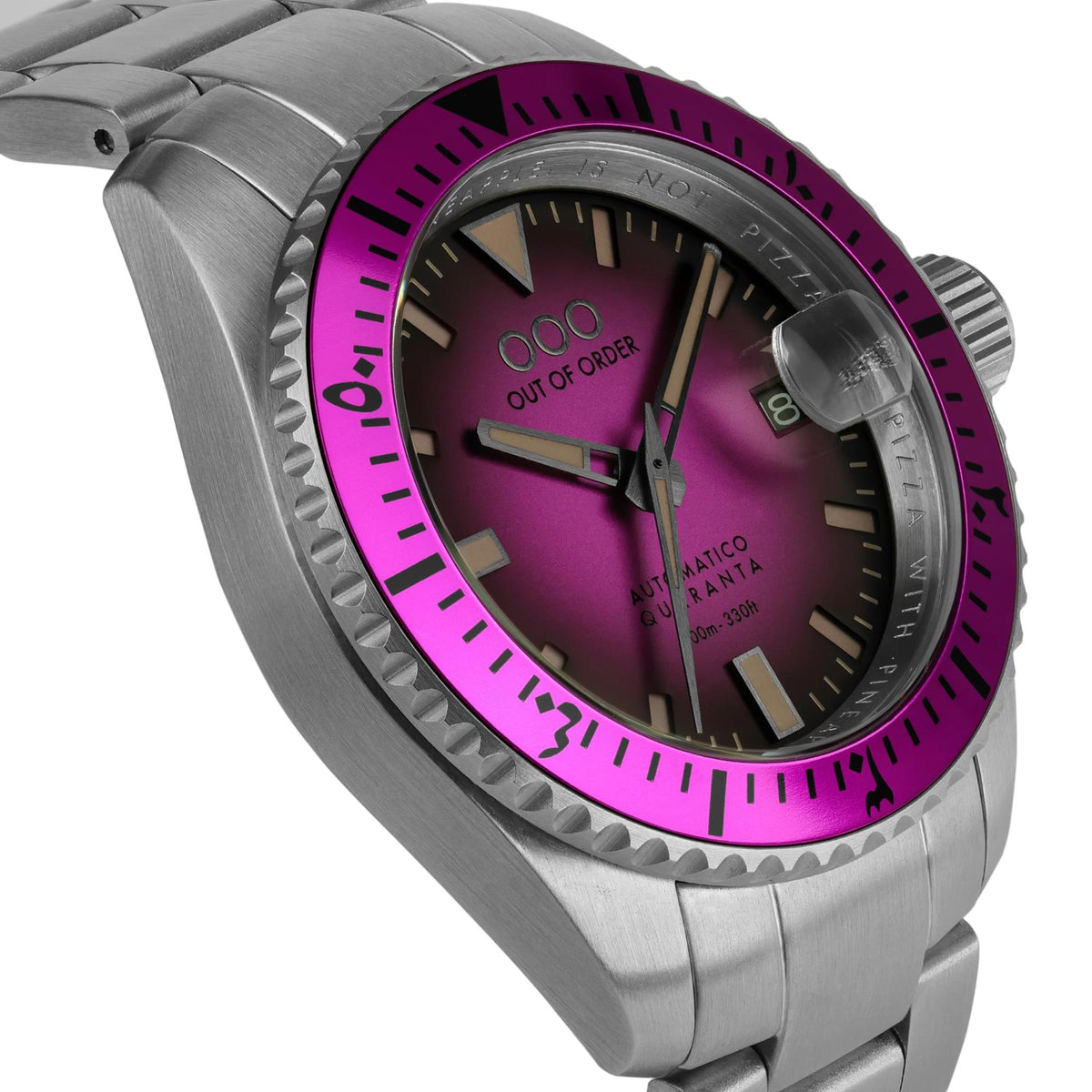 Men's stainless steel watch angled view, magenta dial, magenta bezel, steel bracelet.