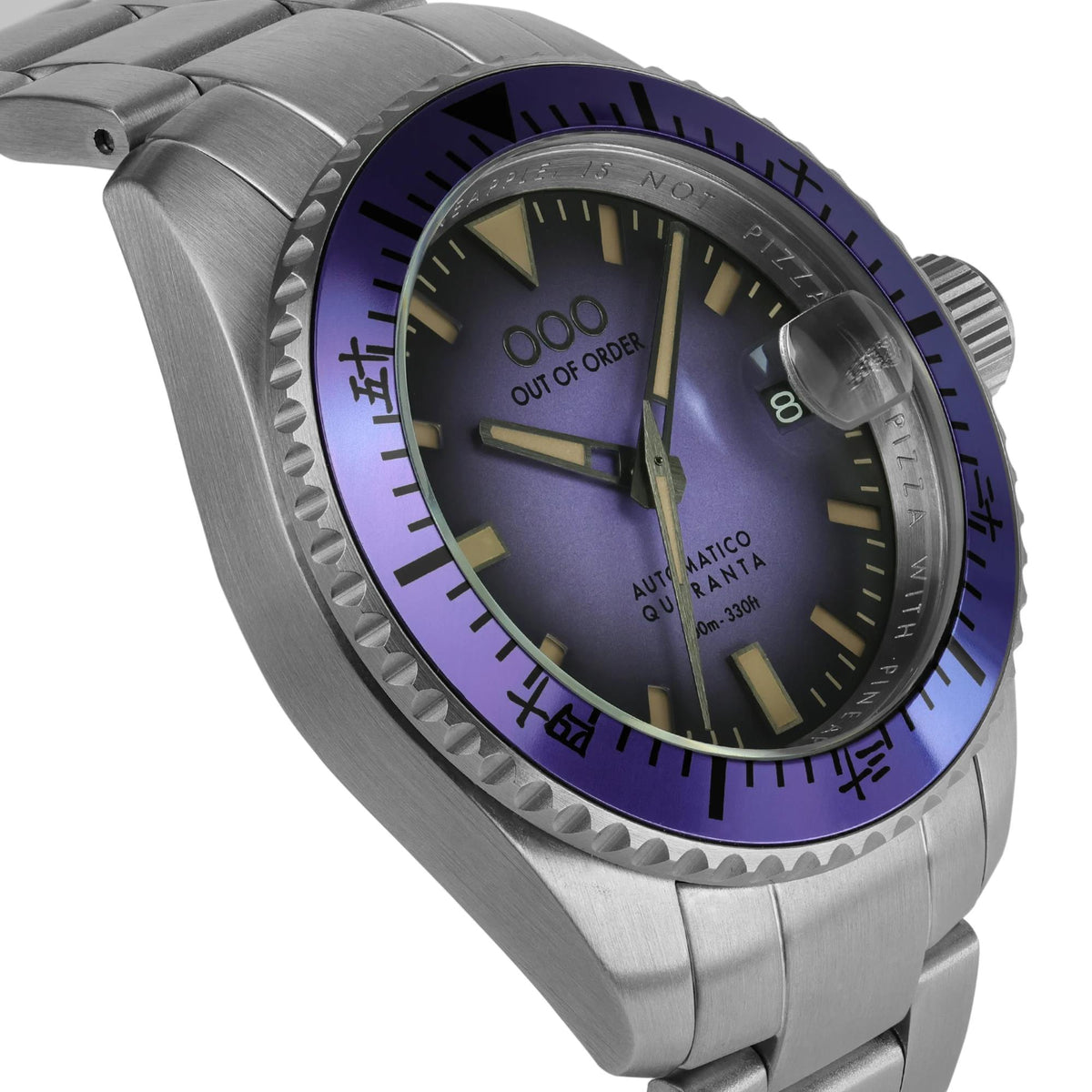 Men's steel diver-style watch with purple dial, purple bezel, and gold-tone hour indexes