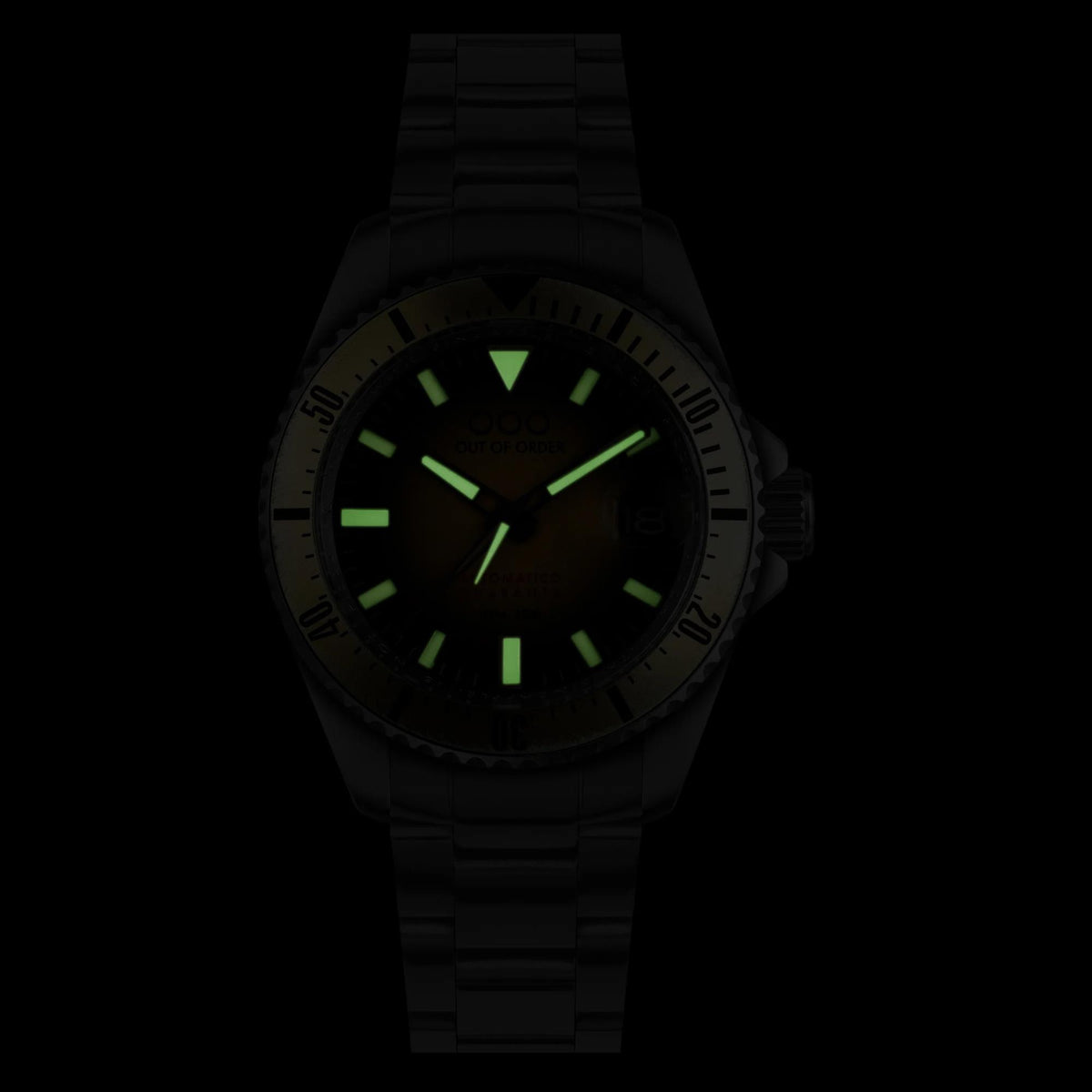 Men's automatic diver watch with dark dial, green luminous markers, steel bracelet strap
