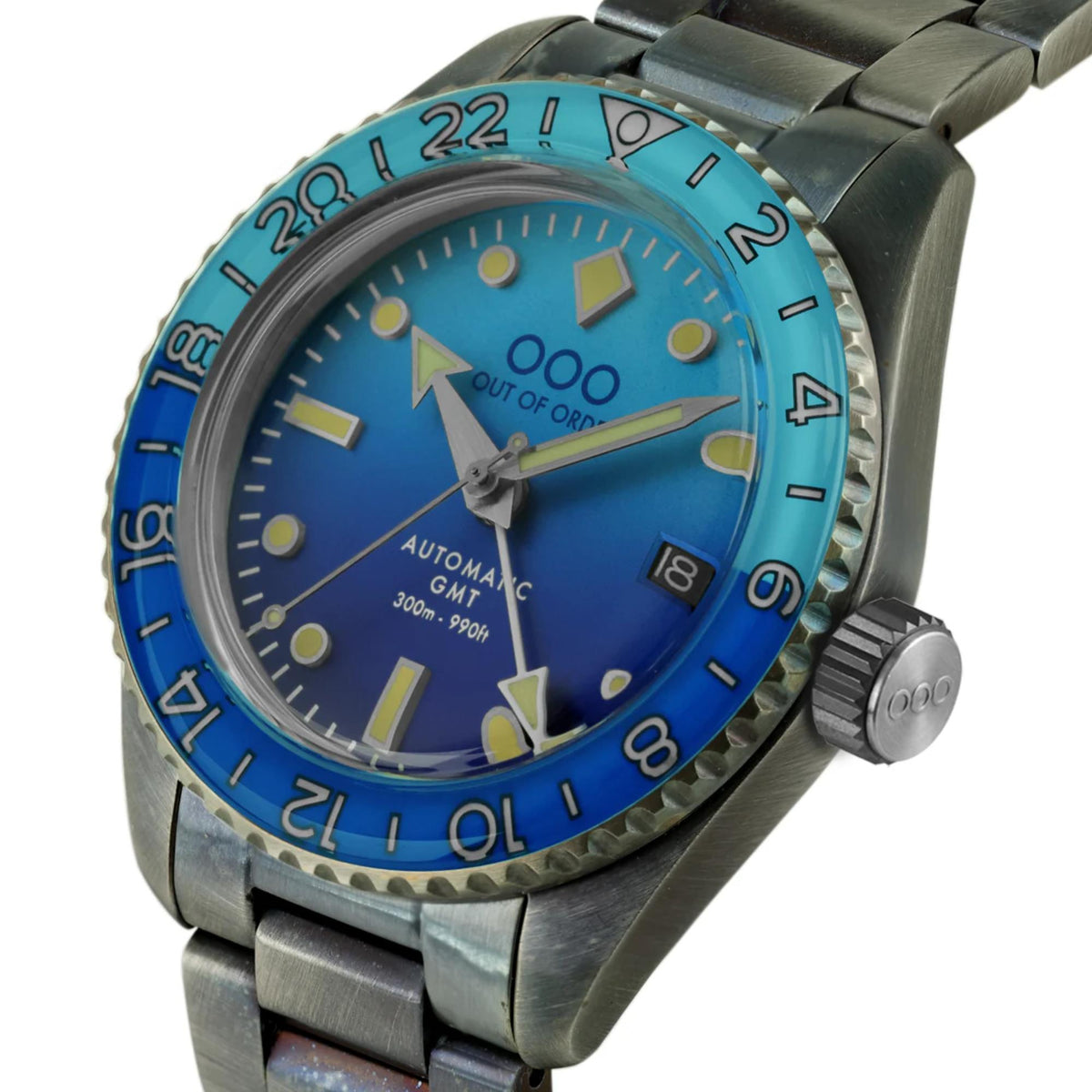 Men's automatic watch with blue dial, steel bezel, and crown at 3 o'clock