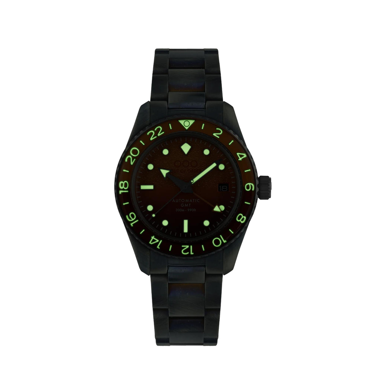 Men's automatic GMT watch with dark dial, green markers, and black link strap