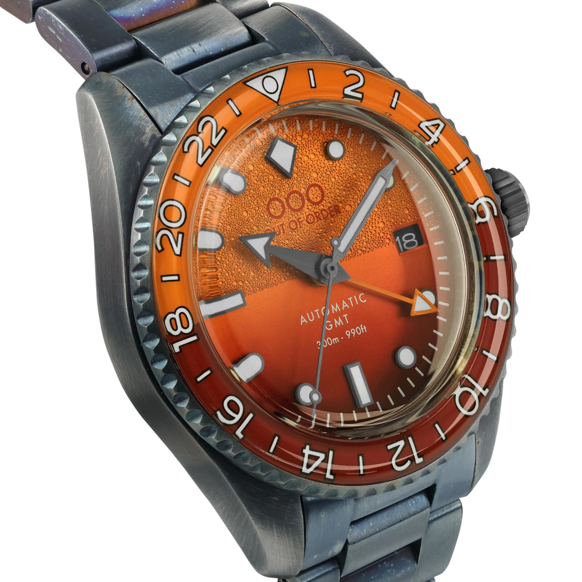 Men's automatic GMT watch with orange dial and stainless steel bracelet-style strap