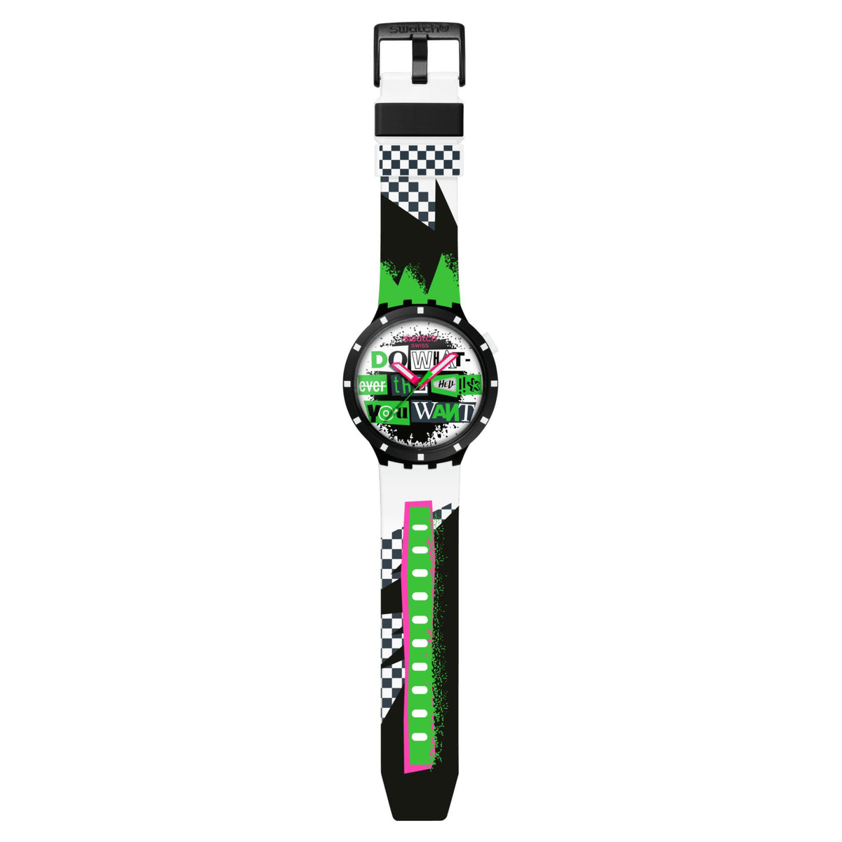 Silicone strap watch with black case, white strap, colorful graphic dial, full view