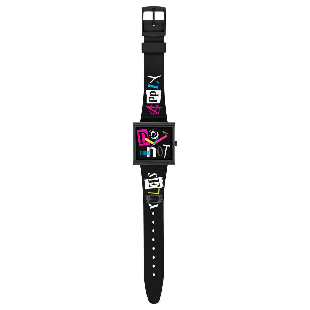 Black silicone strap square watch on stand, black dial with colorful graphic details