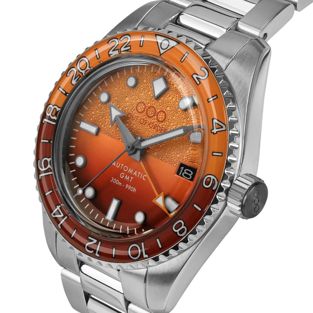 Orange textured dial automatic GMT watch with steel bezel and link bracelet