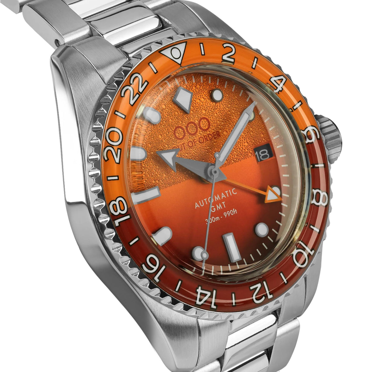 Orange dial steel automatic GMT watch with rotating bezel and crown