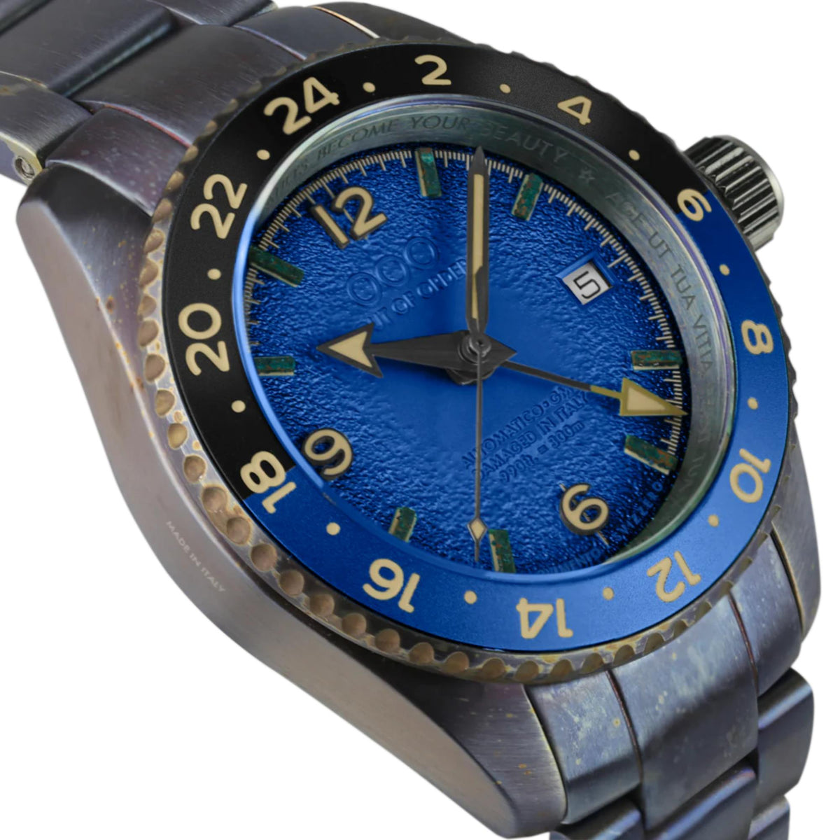 Men's automatic GMT wristwatch, blue textured dial with gold markers and 24-hour bezel