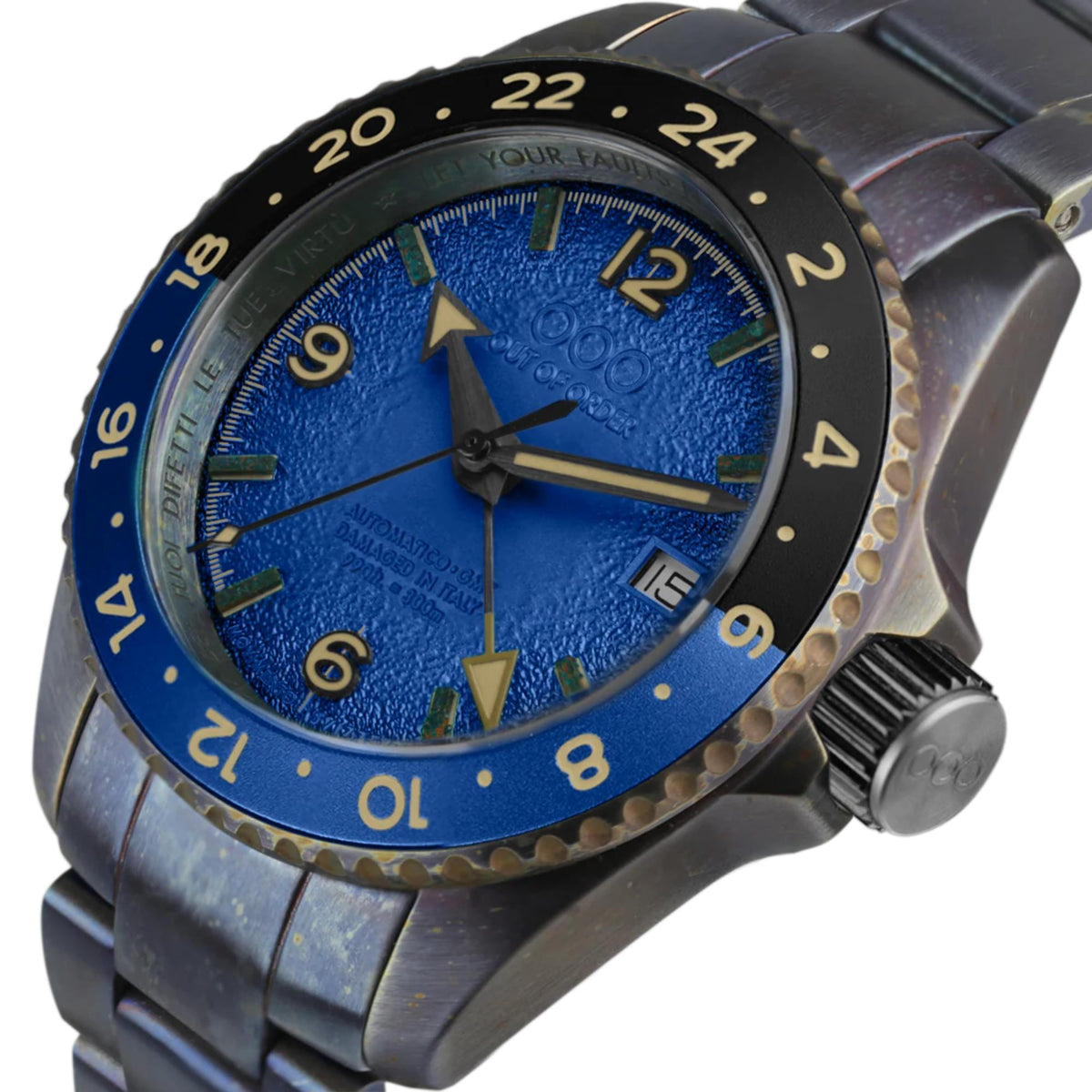 Men's automatic GMT wristwatch close-up, blue dial with gold hands and date window