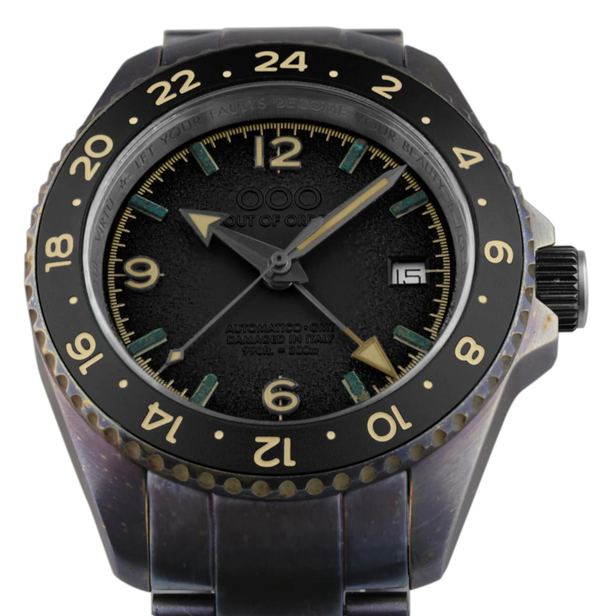 Black dial GMT automatic watch with gold markers, teal accents, textured bezel