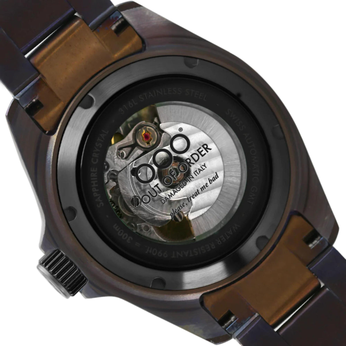 Black GMT automatic watch caseback showing mechanical movement with OUT OF ORDER