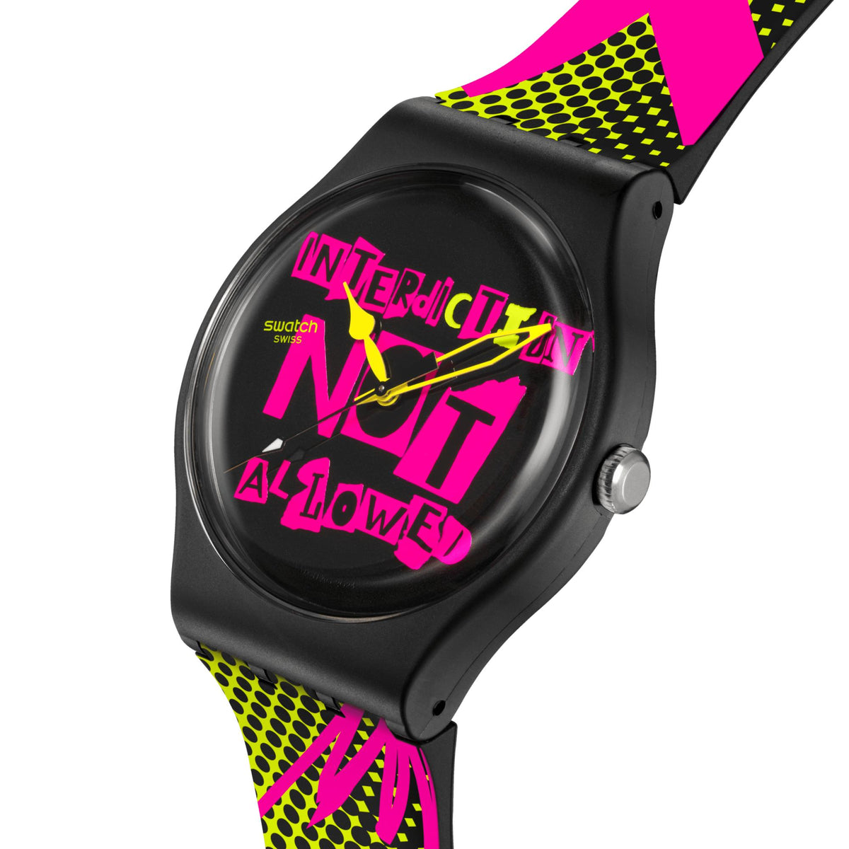Black silicone watch with graphic black dial and neon pink/yellow geometric strap, angled view