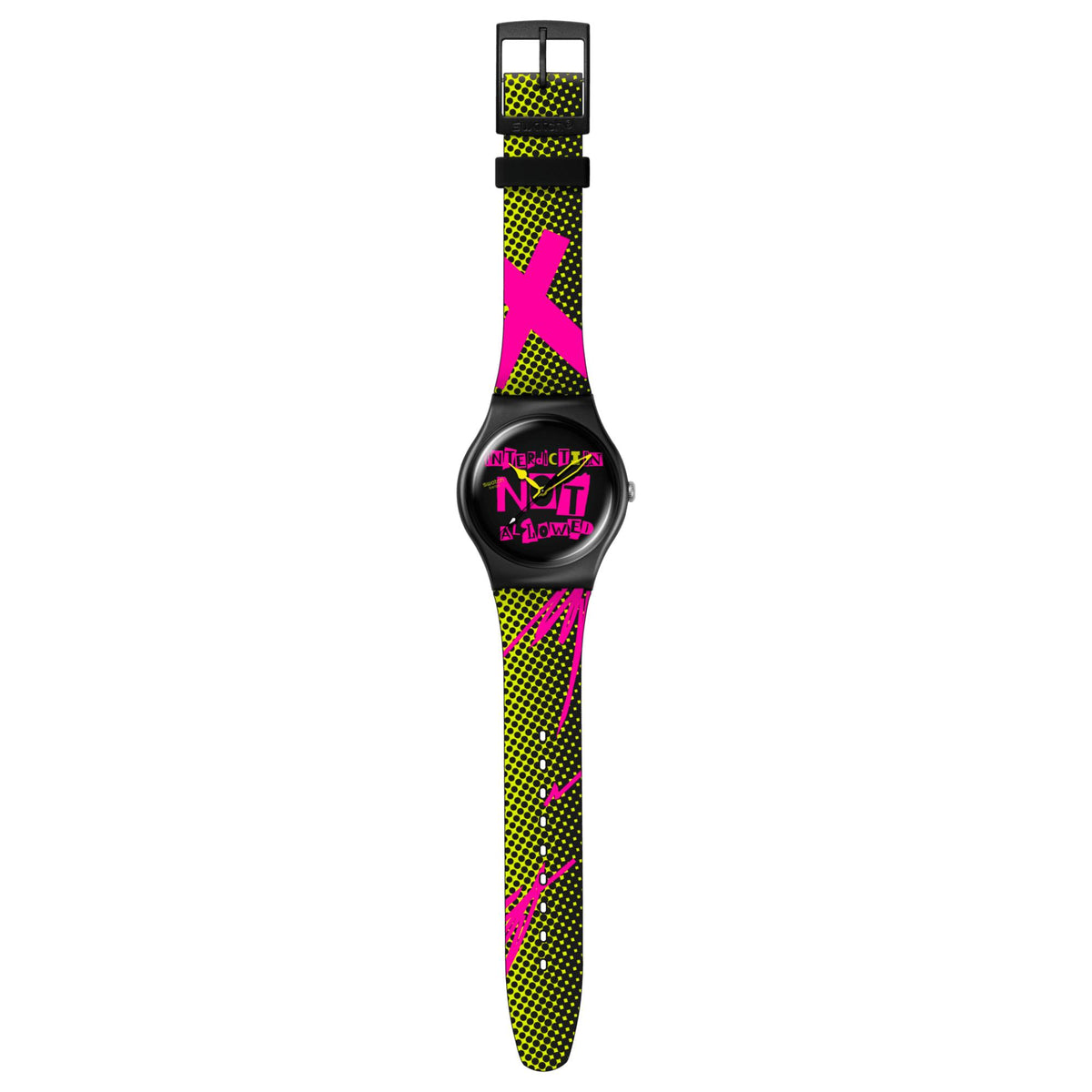 Long silicone watch strap in neon pink and yellow geometric pattern with black dial, full view