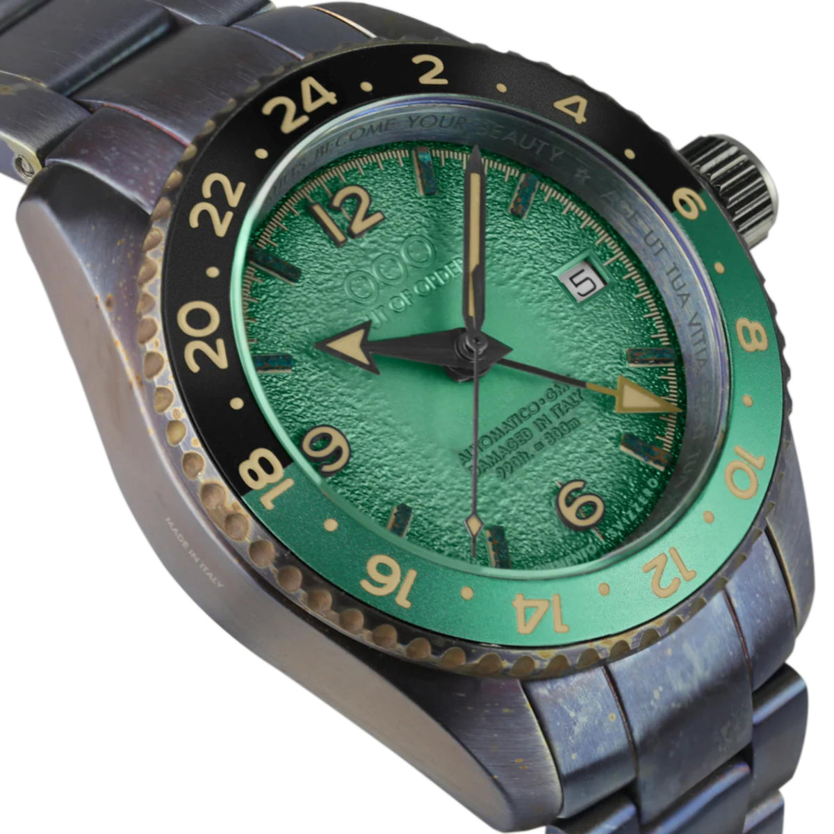 Men's automatic wristwatch angled view, green dial with luminous markers, black strap.