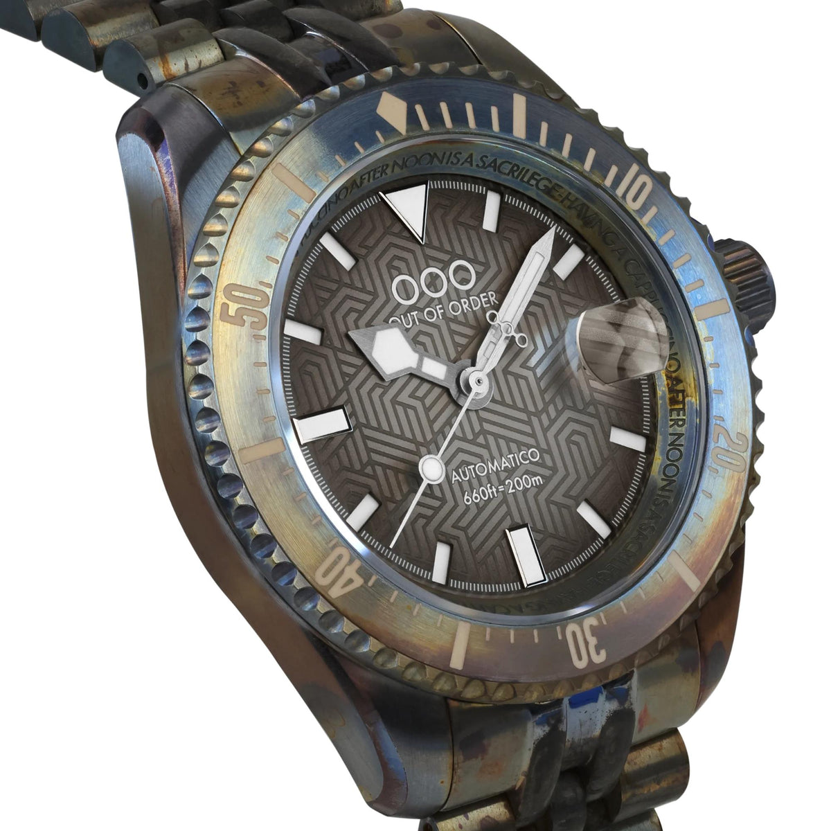 Men's automatic diver watch with bronze-tone case, gray patterned dial, and ridged bezel
