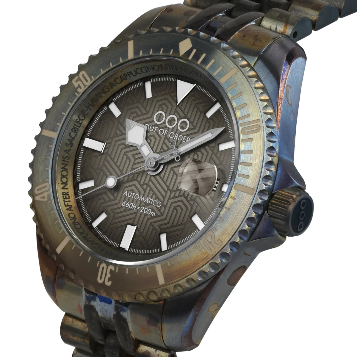 Men's dive watch with gray patterned dial, bronze-tone case, and dark link strap