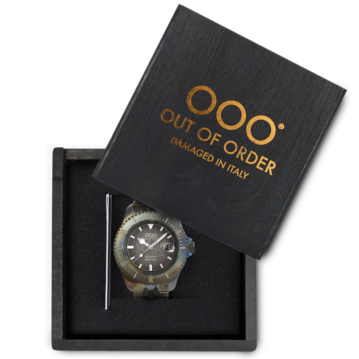 Men's dive watch in open gift box, dark patterned dial and metal link strap
