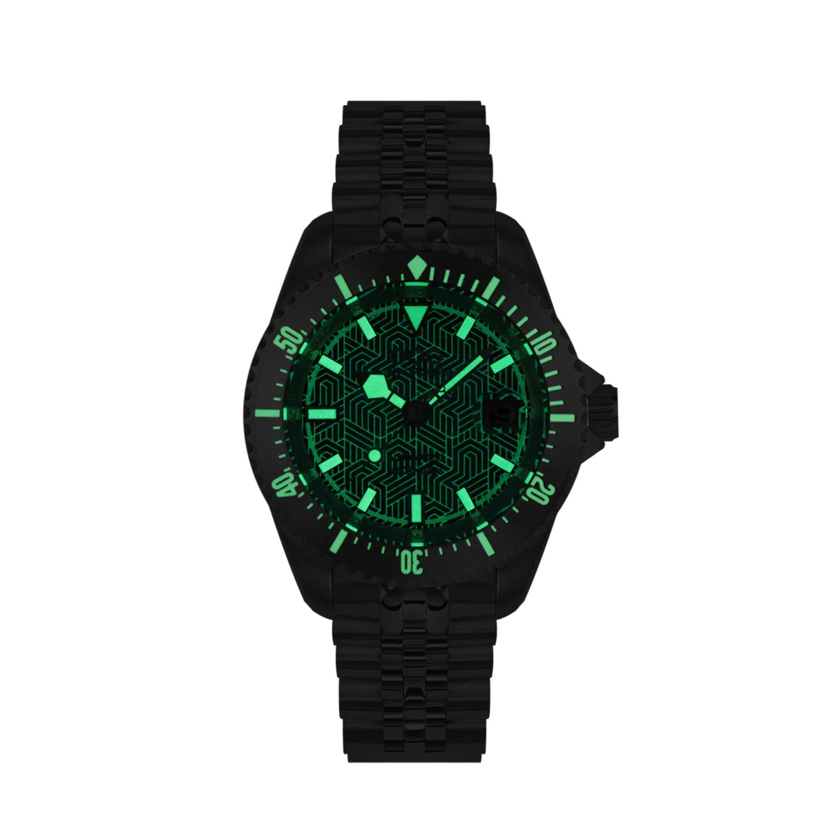 Men's diver watch with black strap, black case, bright green patterned dial
