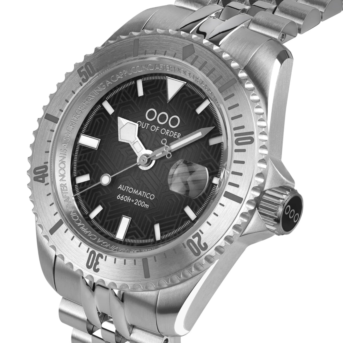 Men's steel diver watch, black dial with lumed markers, automatic subdial detail