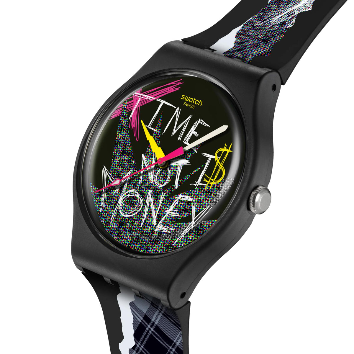 Black silicone wristwatch close-up with crown detail and abstract colorful dial