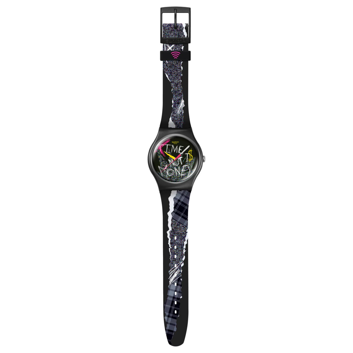 Black silicone wristwatch with abstract colorful dial and printed strap pattern