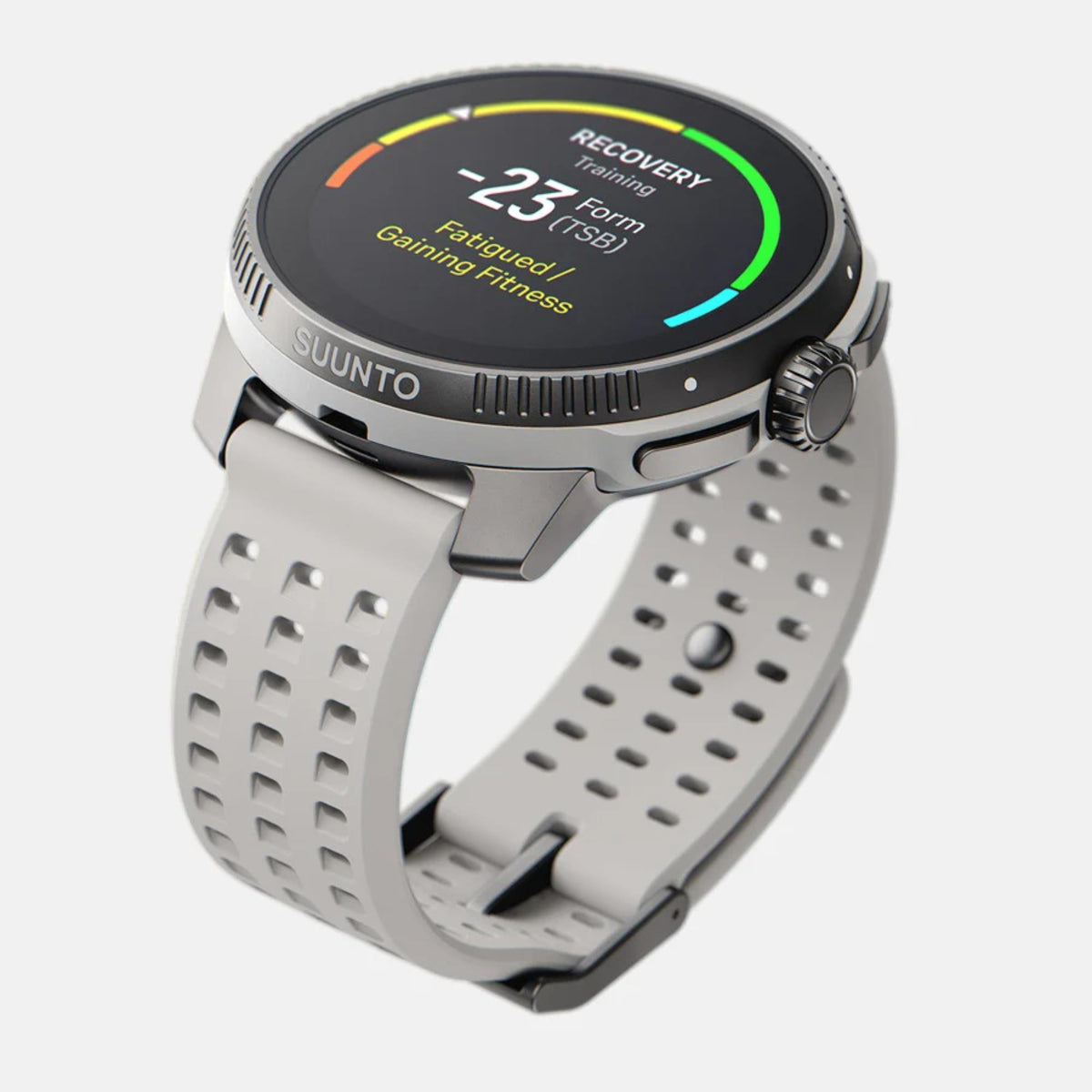 Angled view of Suunto Race smart watch showcasing a multi-colored arc recovery status breakdown on its high-contrast display screen