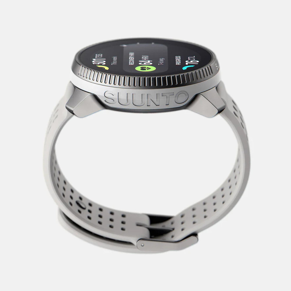 Side profile display highlighting the circular shape and overall loop of the grey silicone strap on the Suunto Race SS050931000 watch