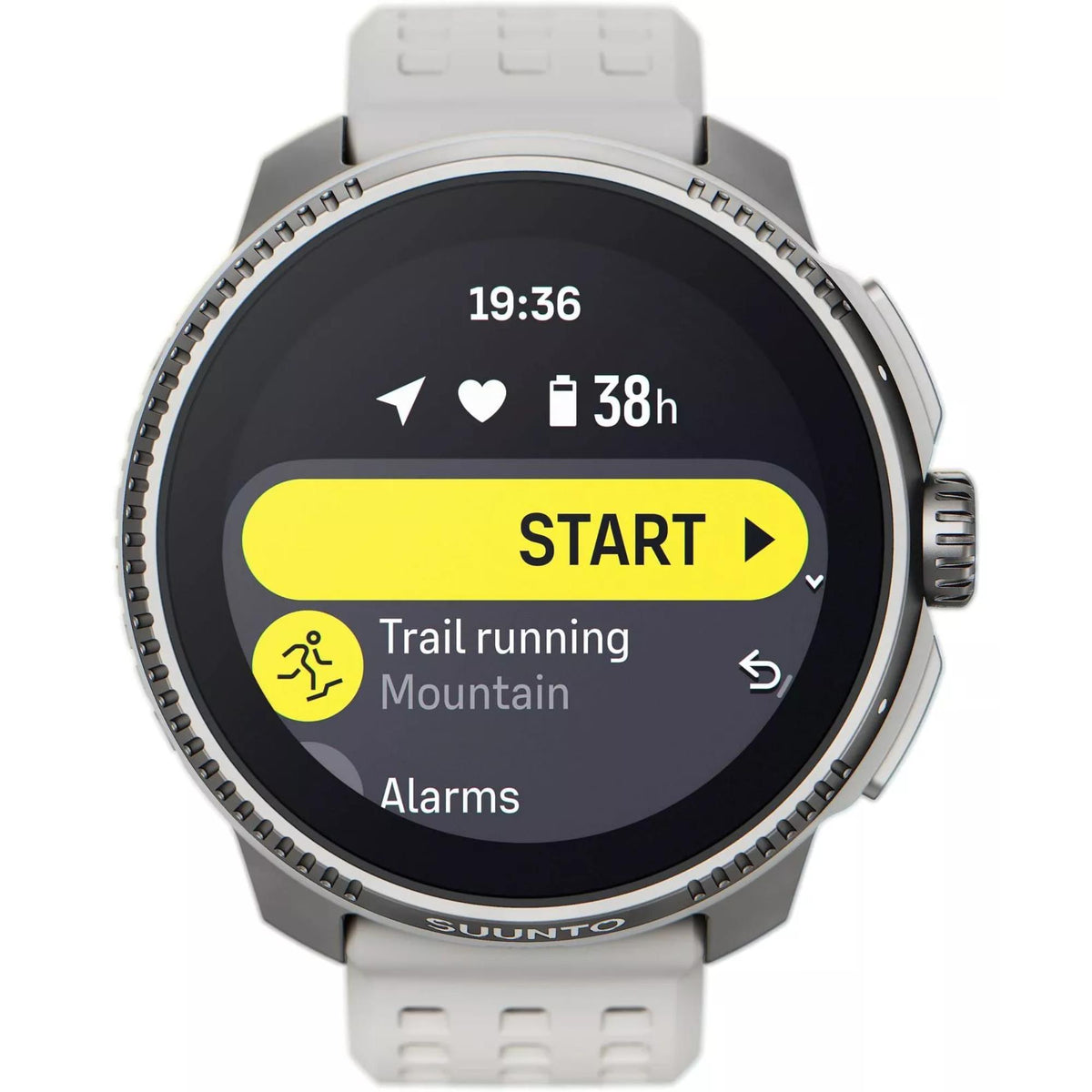 Front view of the Suunto Race Birch Smart Fitness Watch SS050931000 showcasing its digital activity start menu on the screen