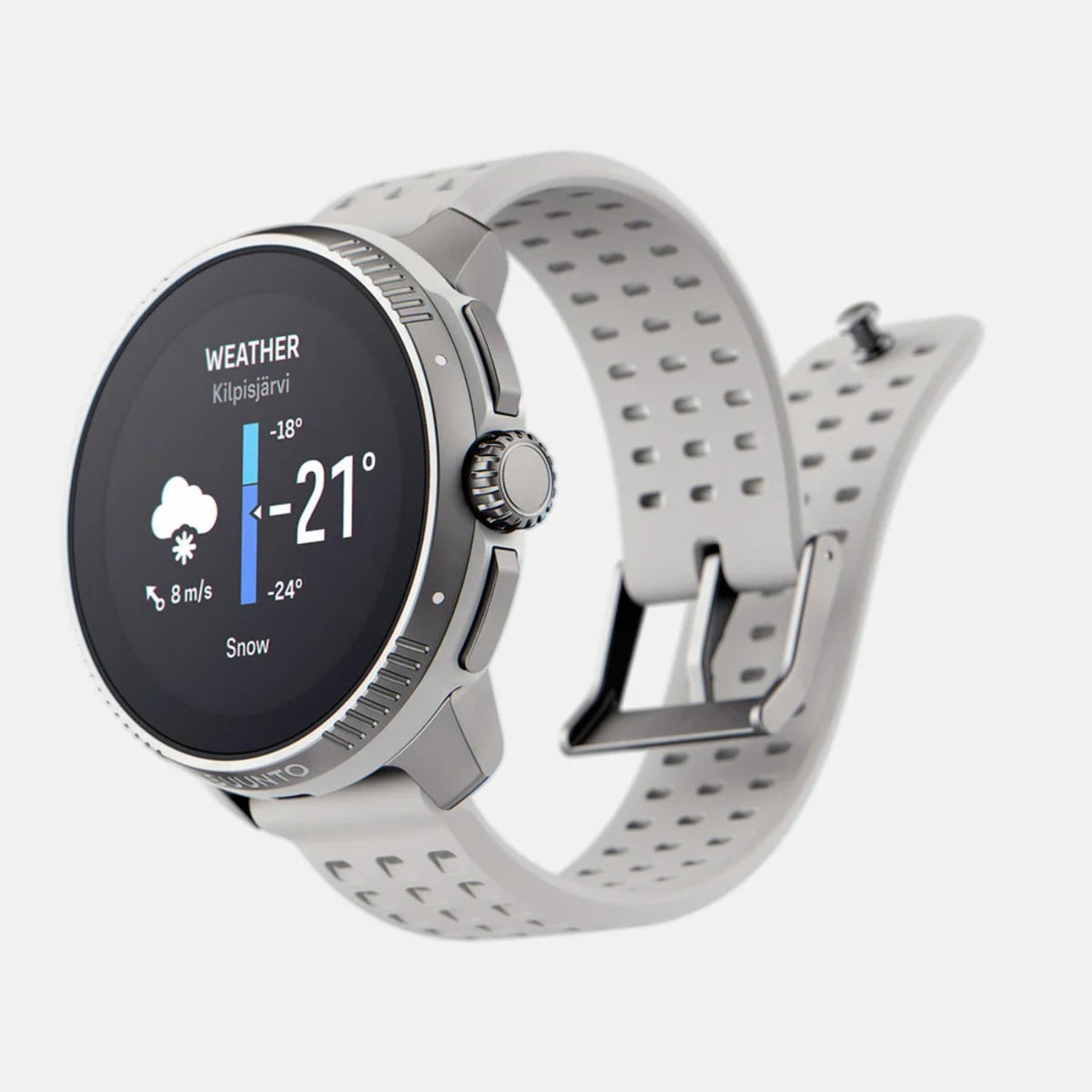 Angled side view of the Suunto Race smart watch face displaying a digital weather indicator screen