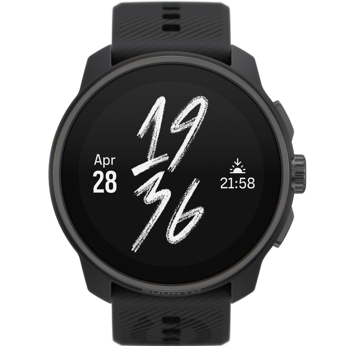 Suunto Race S SS051013000 front view featuring digital display time screen with dark bezel and black strap
