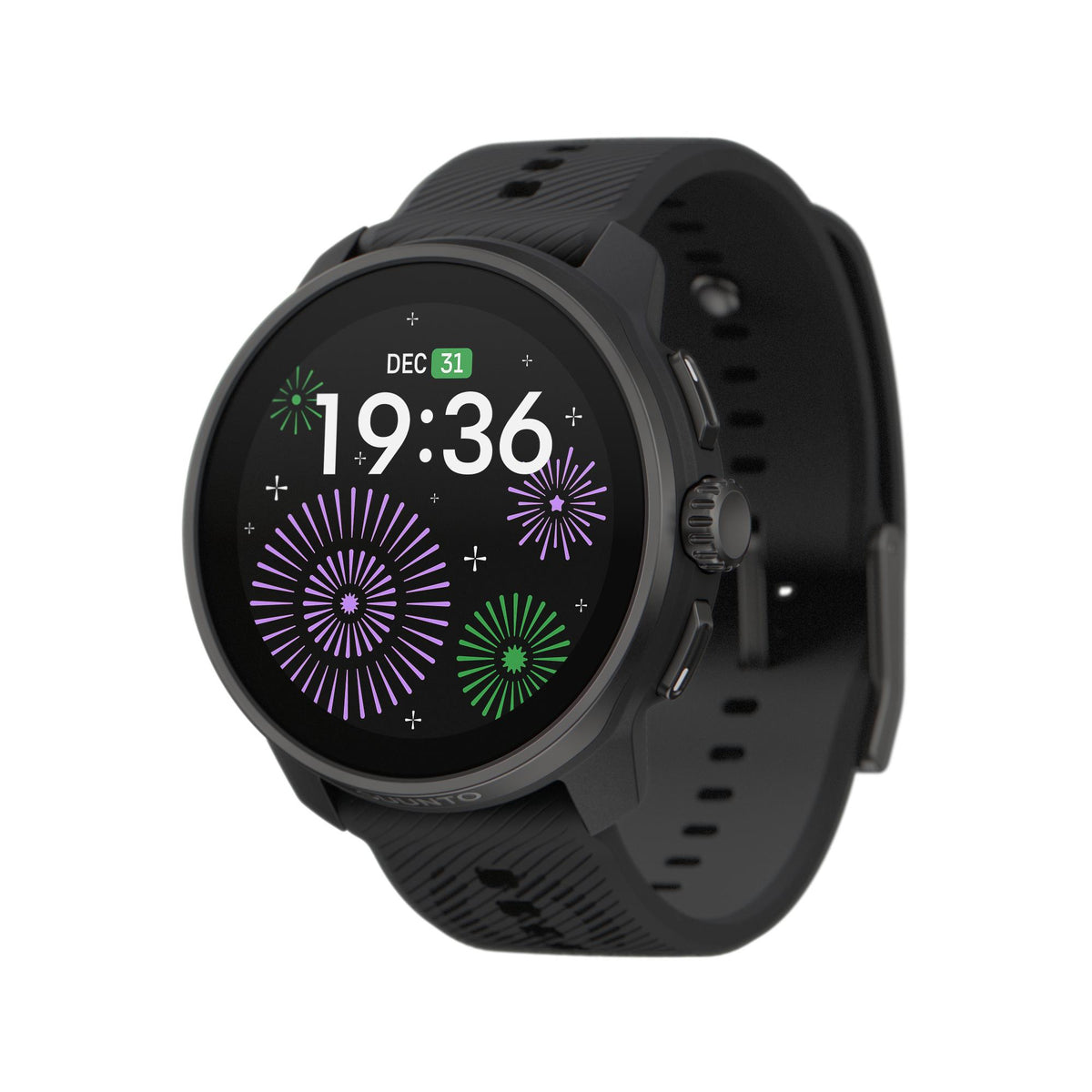 Suunto Race S SS051013000 angled view showing dynamic watch face interface and side control buttons