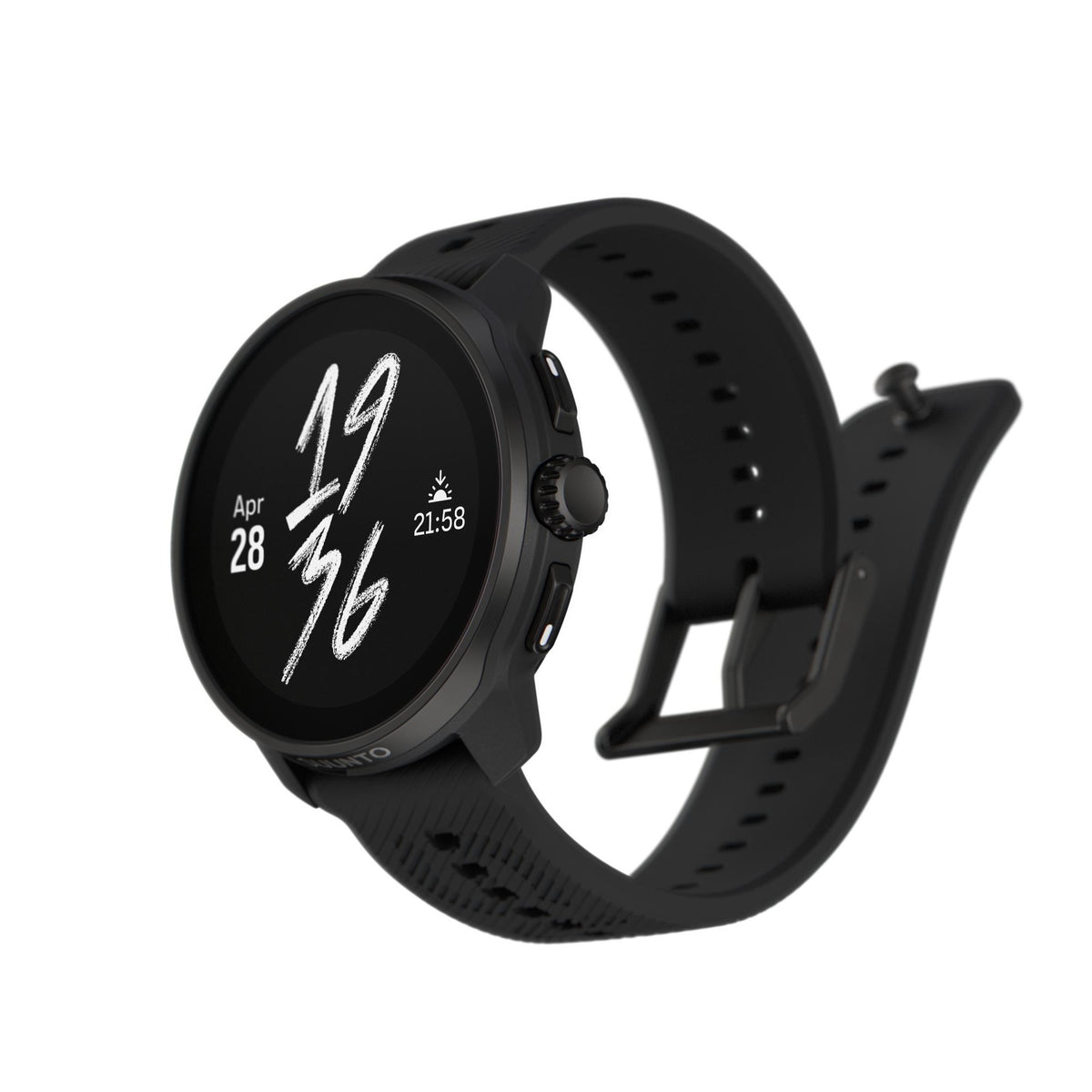 Suunto Race S SS051013000 three-quarter perspective highlighting black case finish and adjustable silicone strap