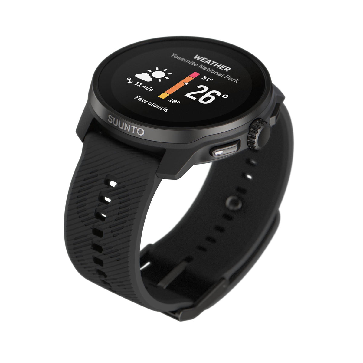 Suunto Race S SS051013000 high-angle perspective showcasing weather widget display and textured strap detail