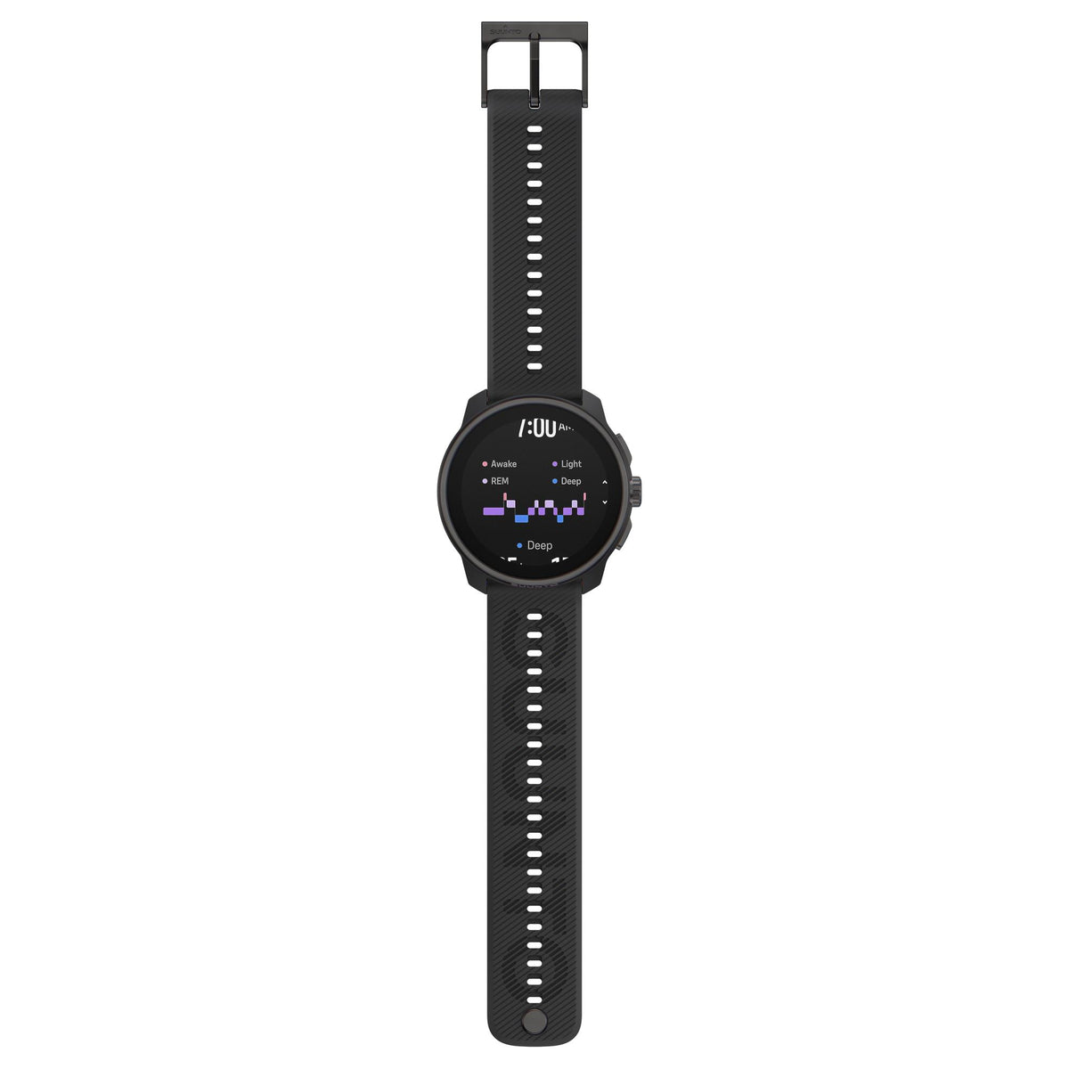 Suunto Race S SS051013000 full vertical lay-flat view displaying sleep tracking screen and black silicone strap