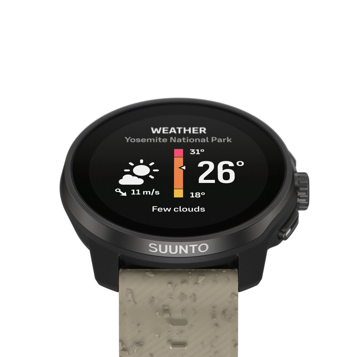 Suunto Race S smartwatch front view with weather screen and grave gray silicone band